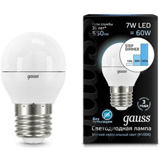 Лампа Gauss Шар 7W 550lm 6500K Е27 шаг. диммирование LED 1/10/100