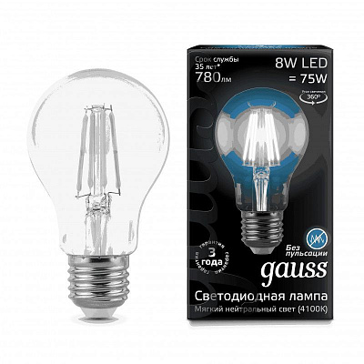 Лампа Gauss Filament А60 8W 780lm 4100К Е27 LED 1/10/40