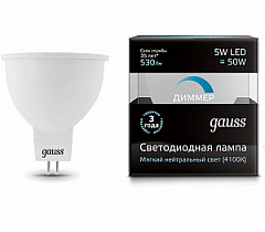 Лампа Gauss MR16 5W 530lm 4100K GU5.3 диммируемая LED 1/10/100